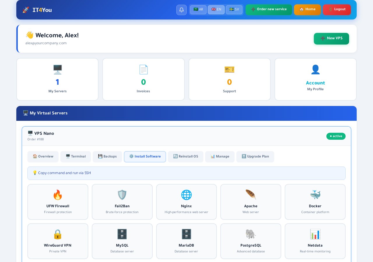 Pre-installed stacks: WordPress, Docker, Node.js